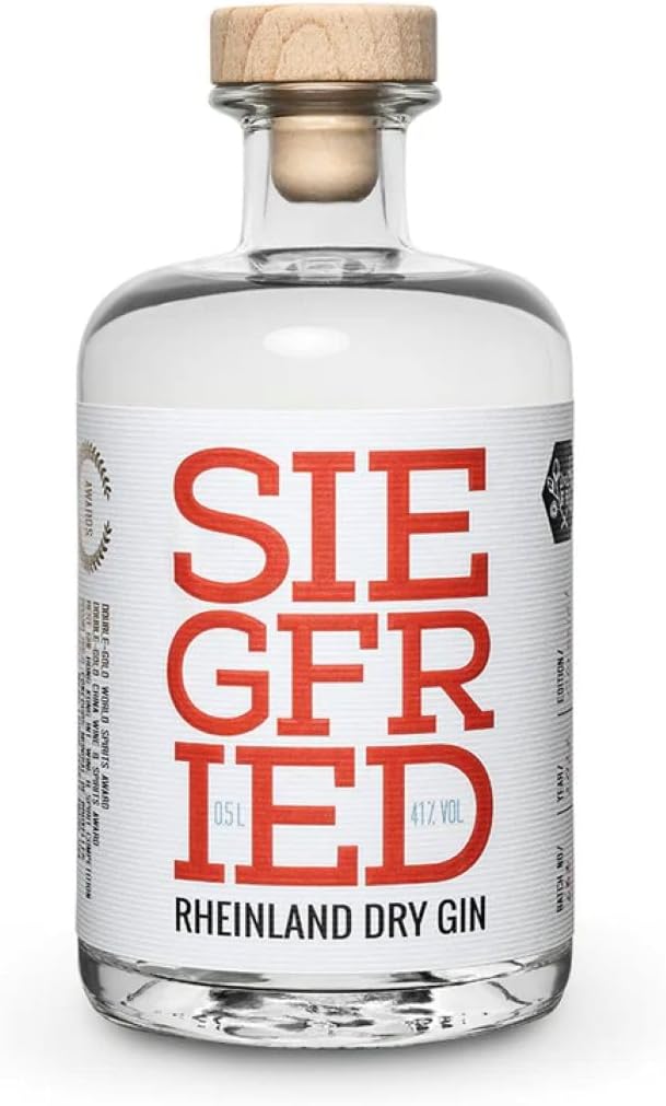 Siegfried Rheinland Dry Gin Flasche 0,5 l mit Holzkorken und rotem Schriftzug