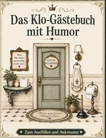 Buchcover Klo-Gästebuch mit Humor, Vintage-WC-Motiv mit Tür und Pflanzen