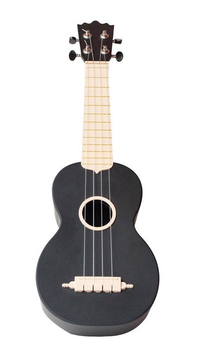 Schwarze Sopran-Ukulele mit hellem Griffbrett und vier Saiten