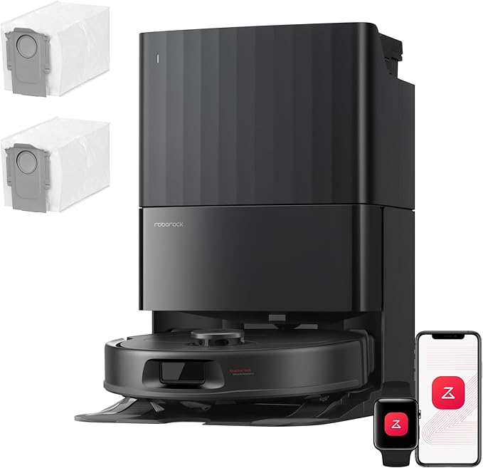 Schwarzer Saugroboter mit All-in-One-Dock, Staubbeuteln, Smartphone und Smartwatch