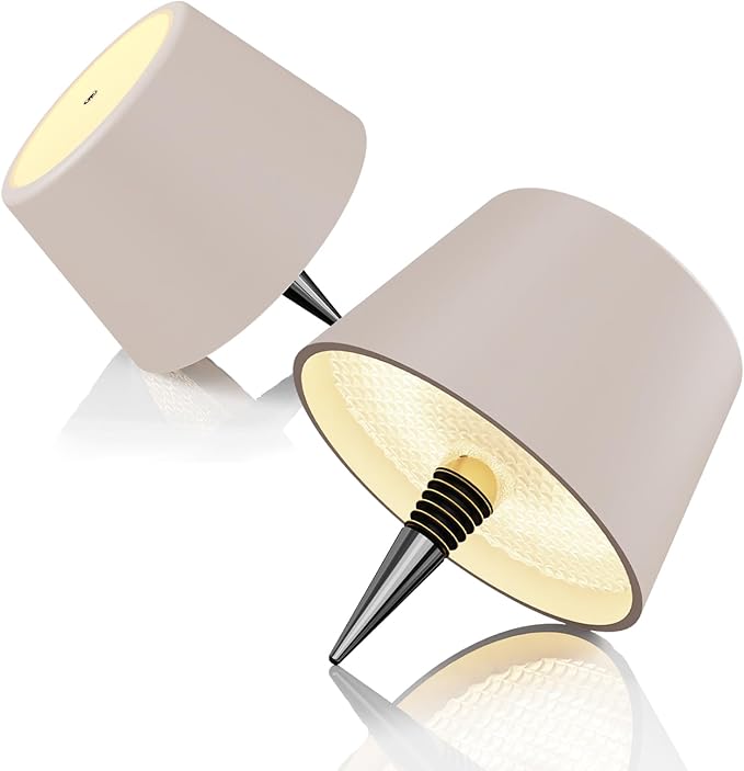 Aufladbare LED-Flaschenlampe mit Korkenaufsatz in Beige, warmes Licht
