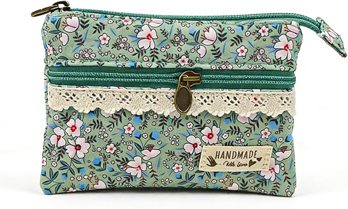 Florales Mini-Portemonnaie aus Baumwollcanvas mit Spitze und Doppelreißverschluss