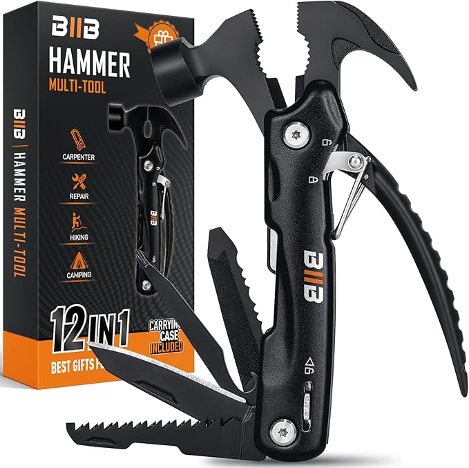 Schwarzes 12-in-1-Multitool mit Hammer, Zange und Säge samt Verpackung