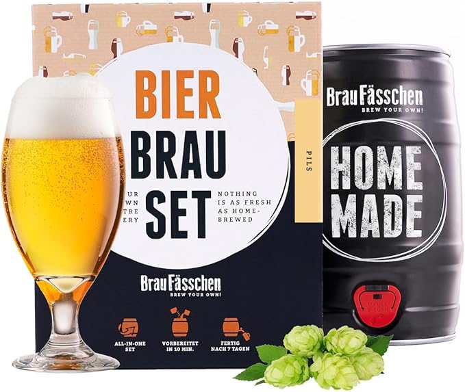 Bierbrauset Braufässchen mit Pils-Karton, gefülltem Glas und schwarzem 5-Liter-Fass