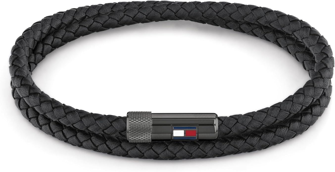 Geflochtenes schwarzes Lederarmband für Herren mit Magnetverschluss und Logo-Detail
