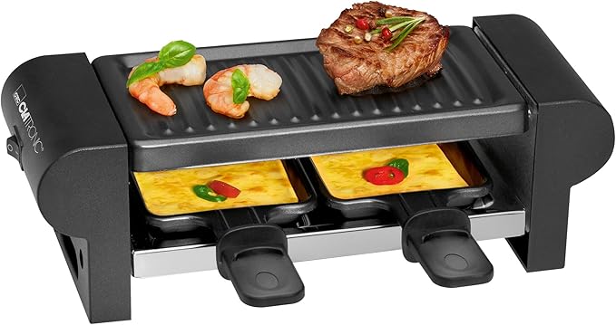 Schwarzes Mini-Raclette für 2 Personen mit Grillplatte, Steak und zwei Käsepfännchen