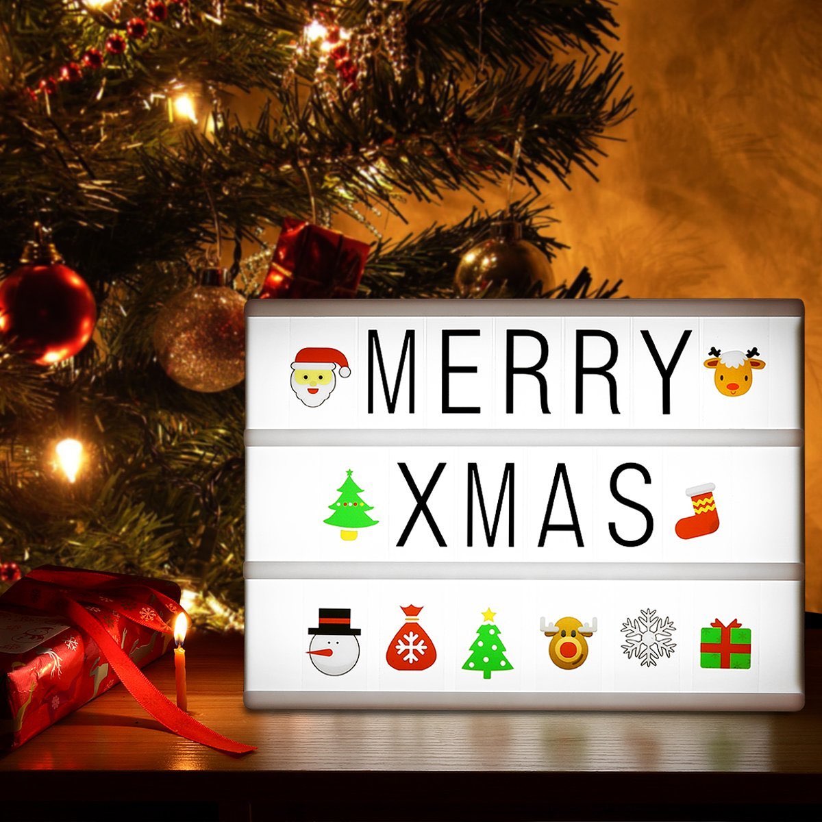 LED-Leuchtkasten im A4-Format mit Steckbuchstaben und weihnachtlichen Symbolen