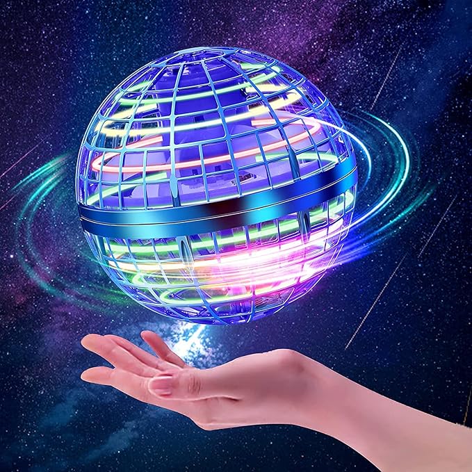 Blauer fliegender Ball mit bunten LED-Lichtern schwebt über einer Hand