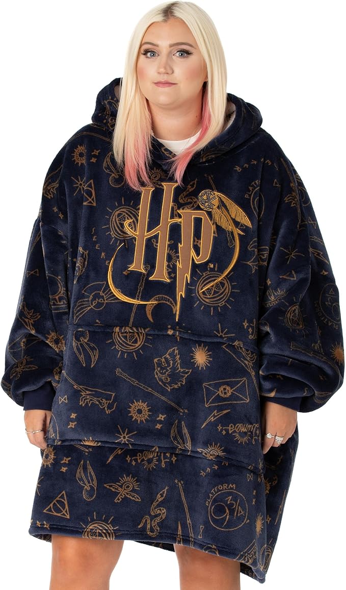 Dunkelblauer übergroßer Fleece-Hoodie mit goldenem Harry-Potter-Logo und Symbolen