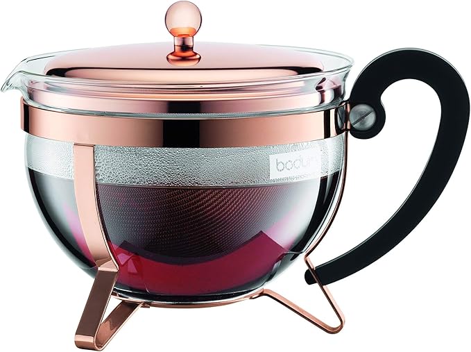 Bodum Chambord Teebereiter aus Glas mit kupferfarbenem Rahmen und schwarzem Griff