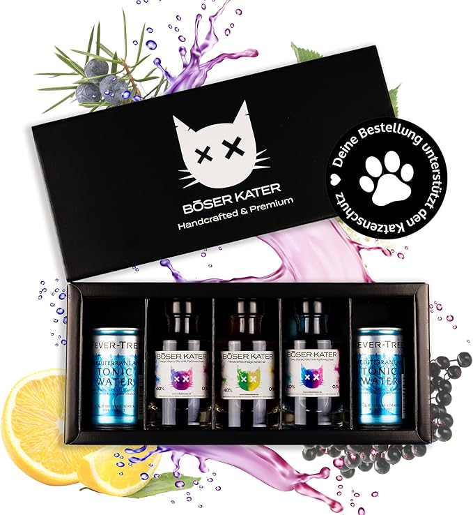 Schwarze Geschenkbox mit drei Mini-Gin-Flaschen Farbwechsel-Gin und zwei Dosen Tonic Water