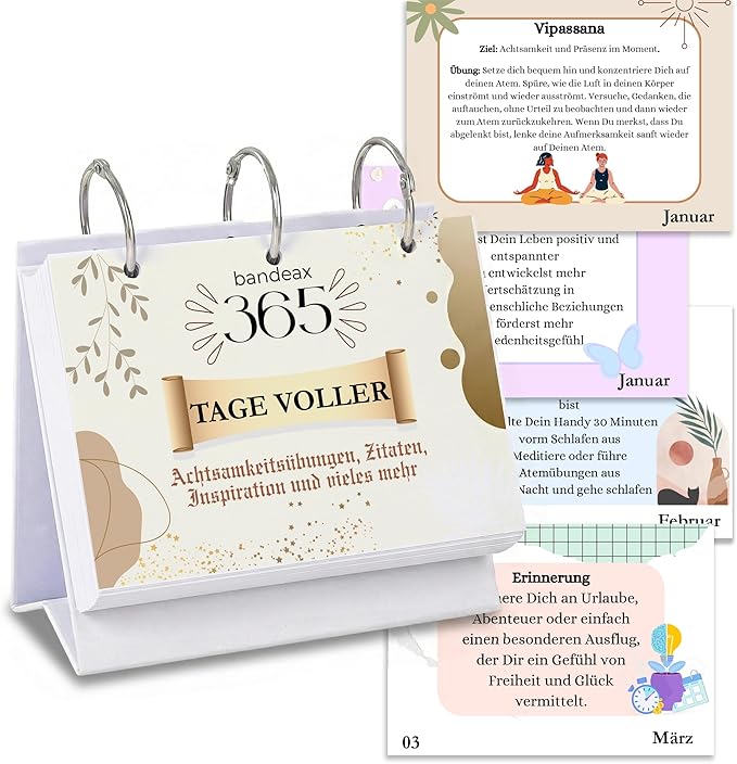 Aufstellbarer Ringbuch-Tischkalender mit Achtsamkeitskarten und täglichen Sprüchen