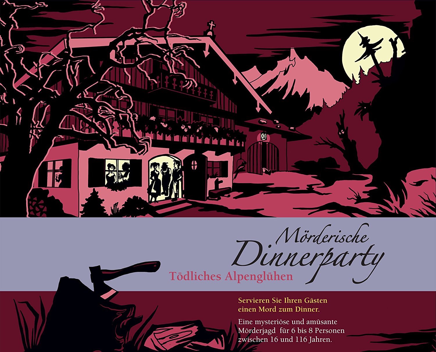 Spielcover Mörderische Dinnerparty mit Alpenchalet, Vollmond und Beil im Holzstock