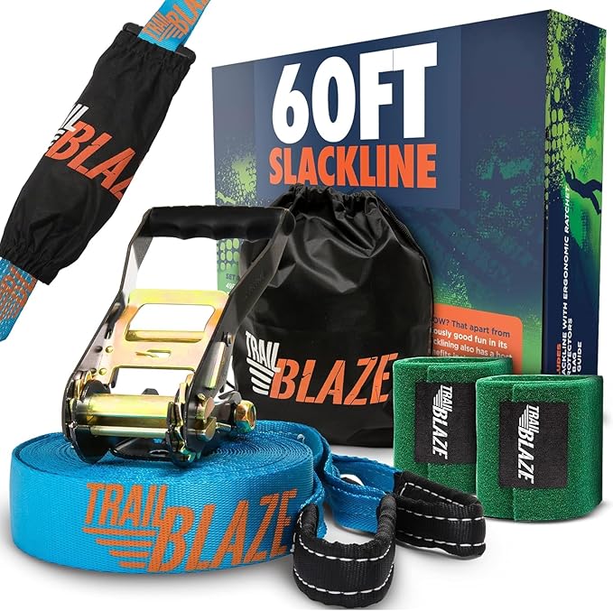 Slackline-Set in Blau mit Ratsche, Baumschutz, Tragetasche und Verpackung