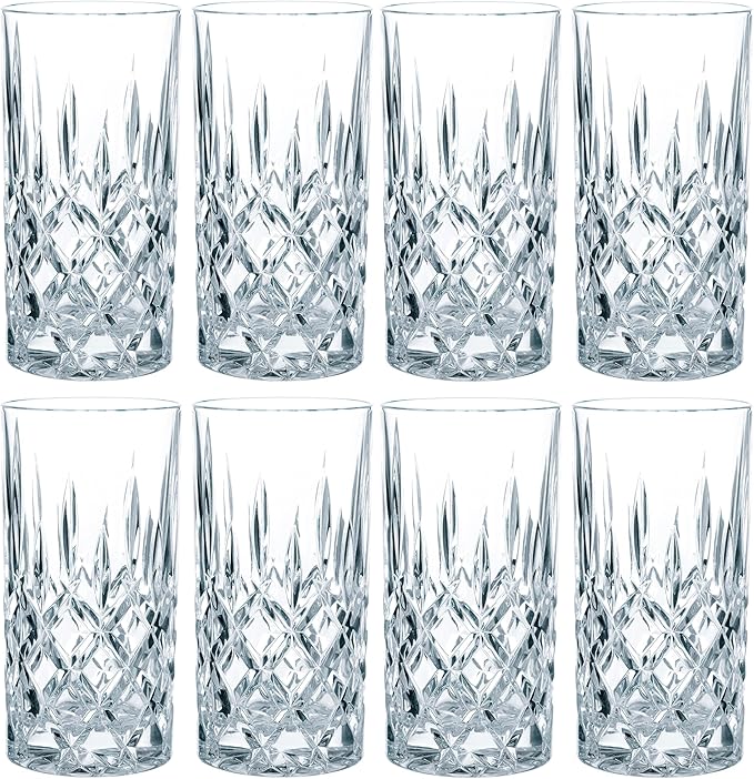 Achtteiliges Longdrink-Set aus Kristallglas mit feinem Rautenschliff