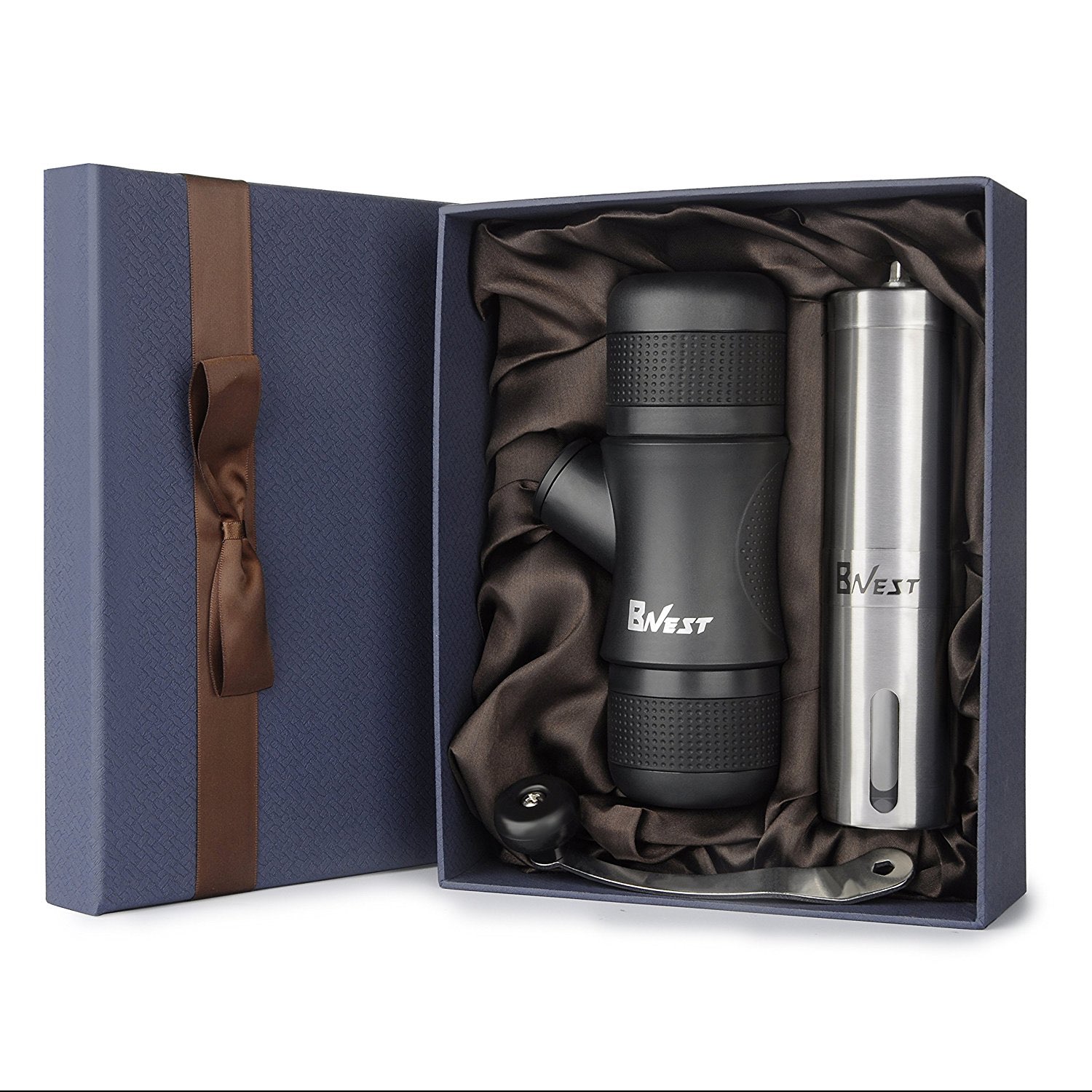 Manuelle Reise-Espressomaschine in Schwarz und Edelstahl-Kaffeemühle in blauer Geschenkbox