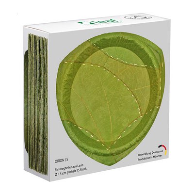 Stapel runder Einwegteller aus gepressten grünen Laubblättern, 18 cm