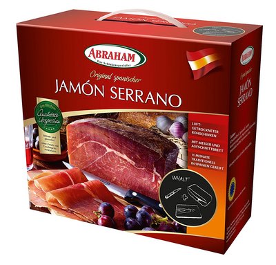 Geschenkkarton Abraham Jamón Serrano mit Schinken, Holzbrett und Messer