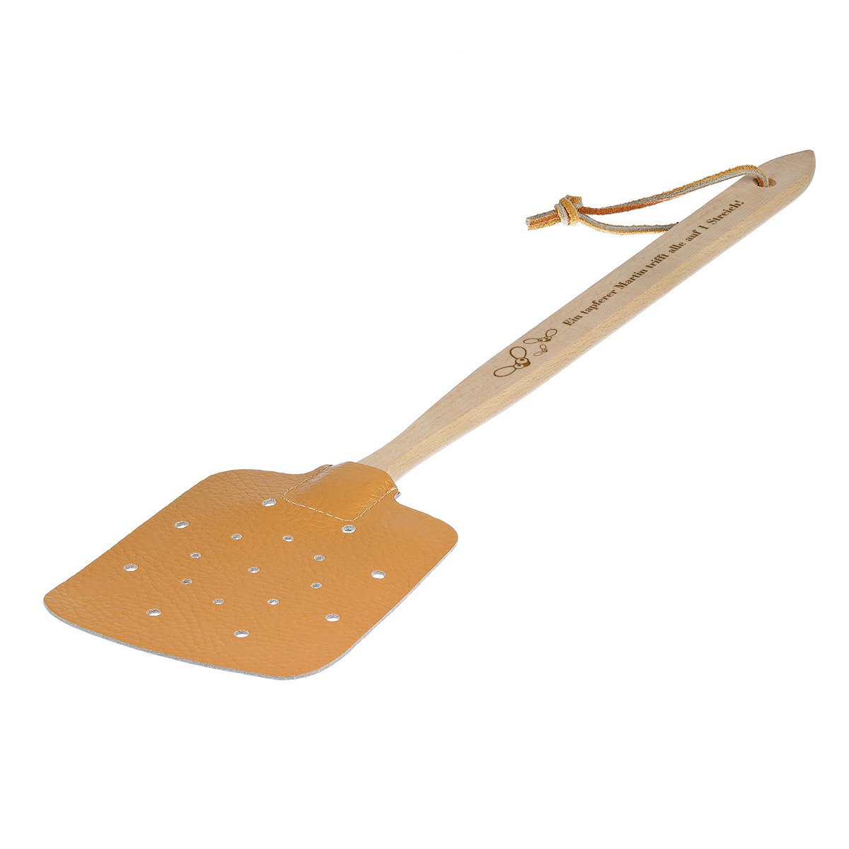 Personalisierte Fliegenklatsche aus Holz und Leder mit Namensgravur