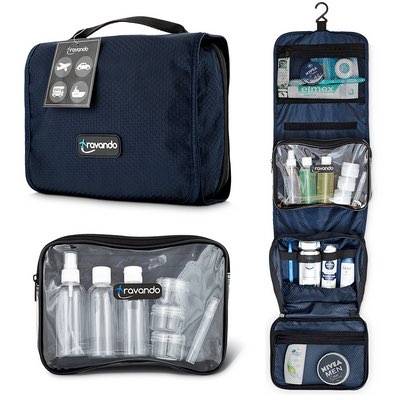 Dunkelblaue Kulturtasche zum Aufhängen mit transparenter Kosmetiktasche und Reisefläschchen