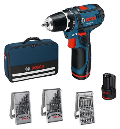 Bosch Akku-Bohrschrauber mit zwei Akkus, Ladegerät, Tasche und Bohrer-Set