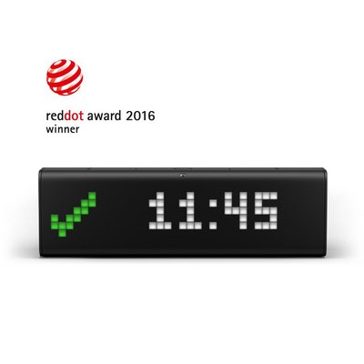 Schwarze WLAN-Uhr mit LED-Display, das Uhrzeit und grünes Häkchen zeigt
