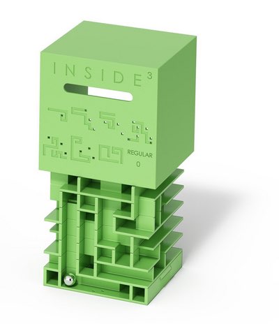 Grüner Würfel INSIDE3 Regular0 mit aufklappbarem 3D-Labyrinth im Inneren