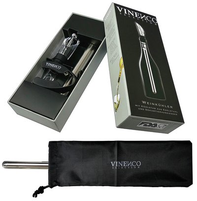 VINENCO Weinkühler-Set mit Edelstahl-Kühlstab, Stopper und Aufbewahrungsbeutel